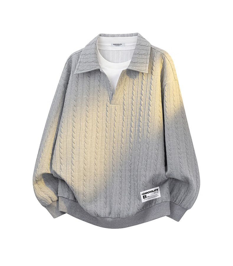 :CHOCOOLATE It Faux Two-Piece Lapel Sweatshirt for Men, Spring And Autumn New Trendy Loose Polo Shirt, Gray, M 3