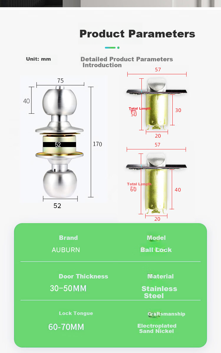 Aoben Spherical Lock Stainless Steel Ball Lock Bedroom Door Lock Office Wooden Door Lock Brass Core Double Latch 587 Universal Model 7