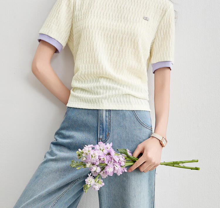 Sentubila Round Neck Short Sleeve Regular Shoulder T-Shirt for Women, Summer Contrasting Color Spliced Knit Top, Elegant Versatile High-End Blouse 18