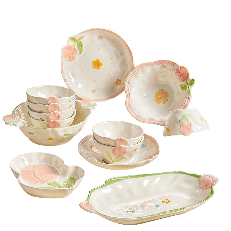 CERAMICS Fresh And Simple Ceramic Dinnerware Set for Home Use with Embossed Tulips Pattern, Housewarming Gift, 34-Piece Gift Box Set