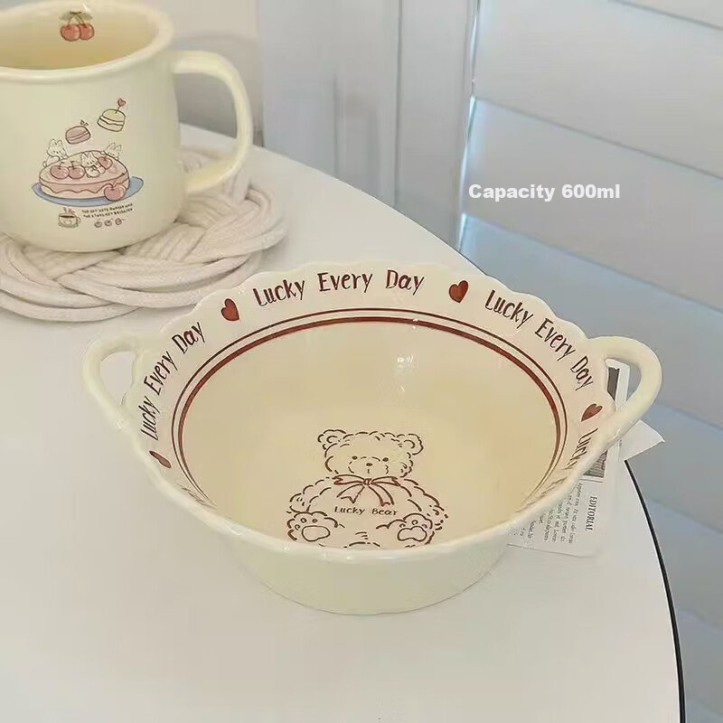 CERAMICS Lucky Bear Ceramic Bowl, Home Use Fruit Salad Bowl, Noodle Bowl, 7.5-Inch Double-Ear Bowl + Spoo 2