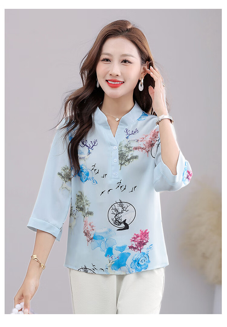 Woodpecker Women's Short Sleeve T-Shirt Casual Floral Shirt Middle-aged and Elderly Mom Loose Elegant Top Summer Blue 2XL 13
