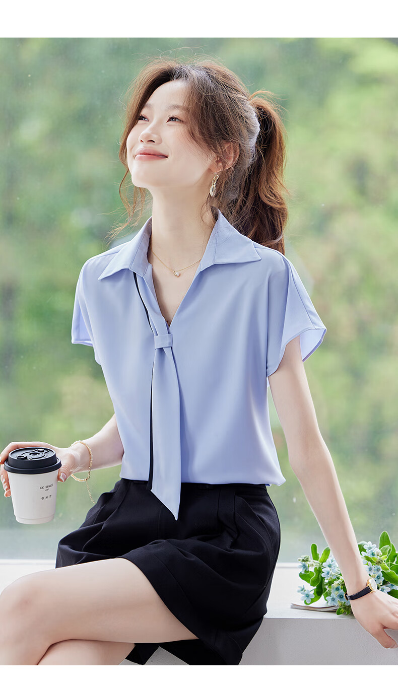 Jeanswest Women's Short Sleeve Shirt 2025 Summer High-End Design Ribbon Versatile Commuter Top White M 10