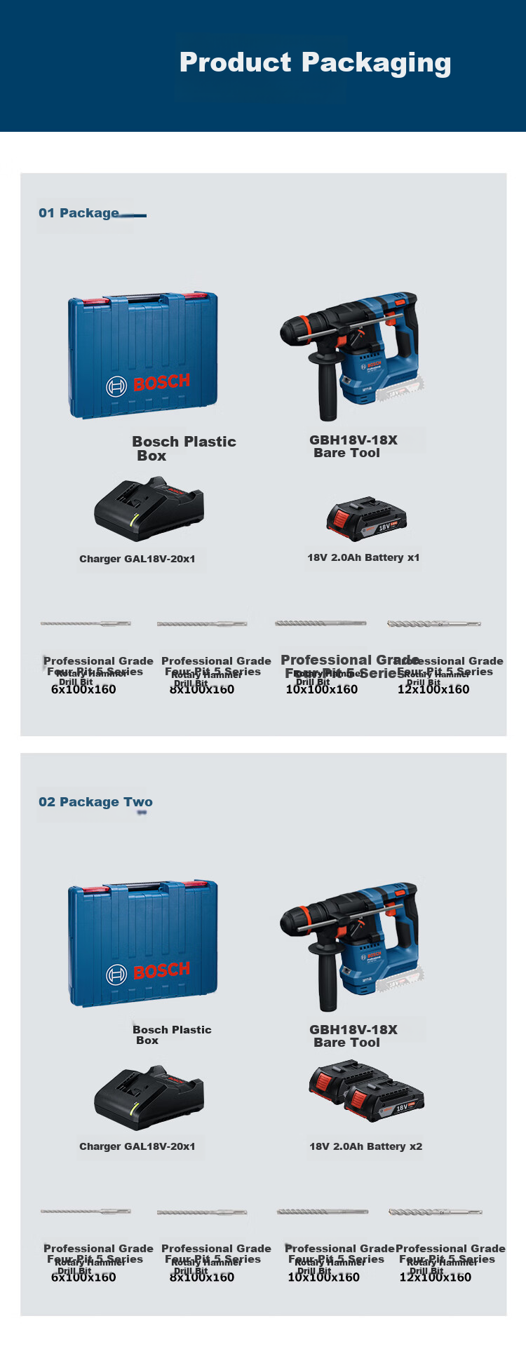 BOSCH Rotary Hammer Drill Brushless 18V Lithium Battery with Accessories Kit GBH-18V Dual Battery Universal Chuck Versio 14