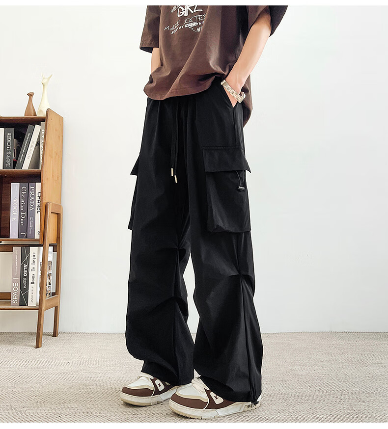 Homlean American-Style Wide-Leg Cargo Pants for Men, Summer Straight Loose Paratrooper Functional Tactical Casual Trousers KMX06 Black L 23