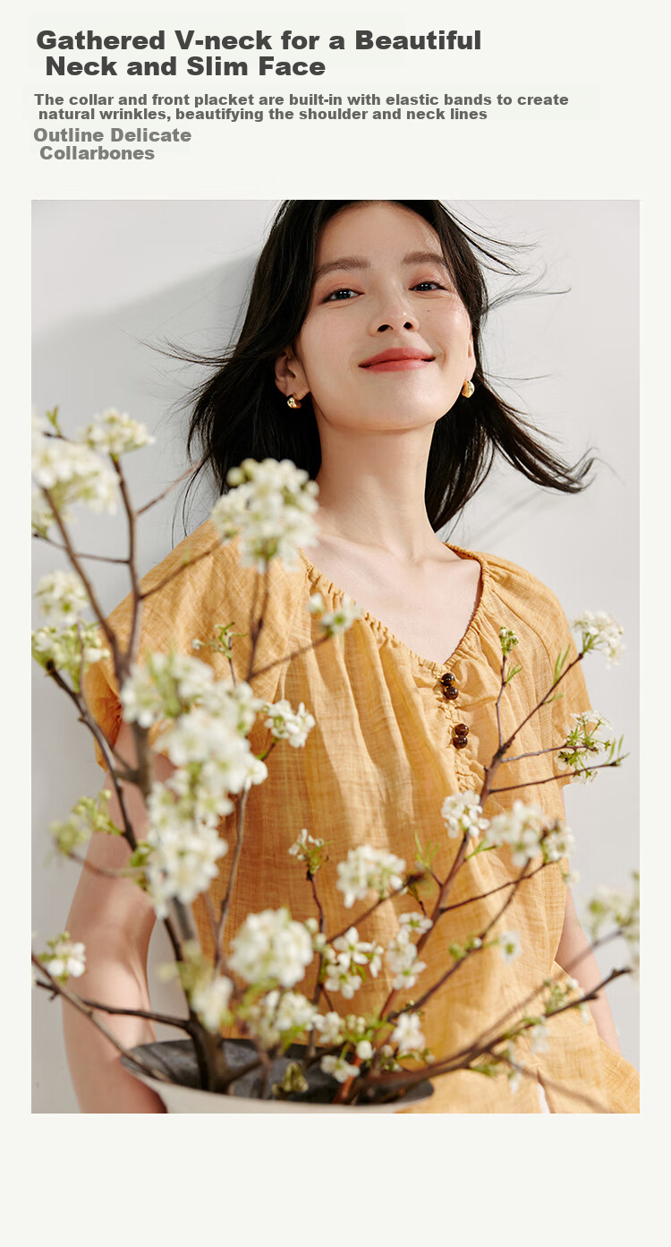 Inman French Style Ramie Cotton Lantern Sleeve Shirt Summer Women's Casual Design Lazy Short Sleeve Top Light Blue XL 3