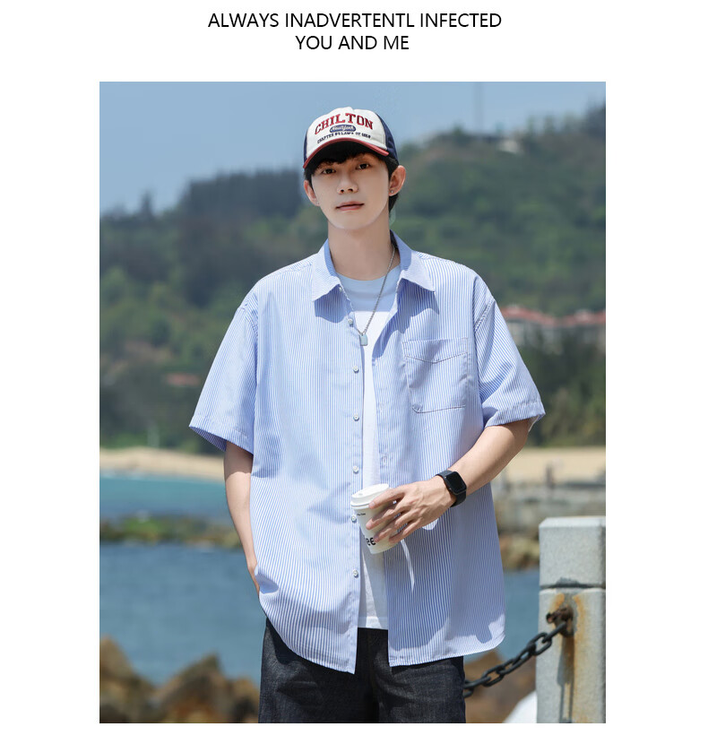 SWAMP AREA Japanese-Style Short-Sleeve Shirt for Men, Summer Trendy Versatile Loose Striped Workwear Shirt Jacket CS2512 Blue XL 10