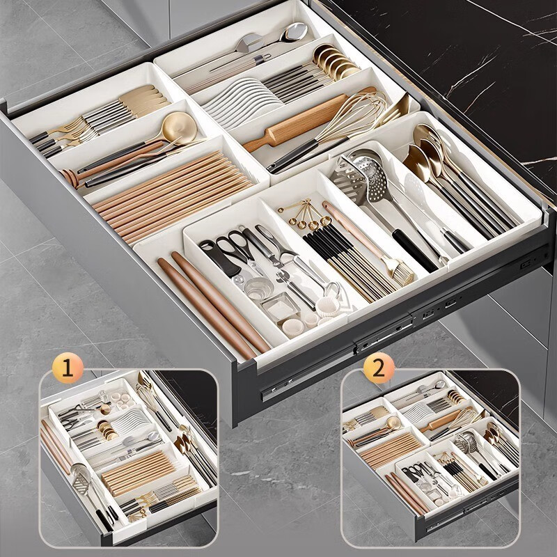 OMANTI Cabinet Drawer Divider Storage Box, Built-In Extendable Organizer for Knives, Forks, Cutlery, Chopsticks, Plastic Sorting Container