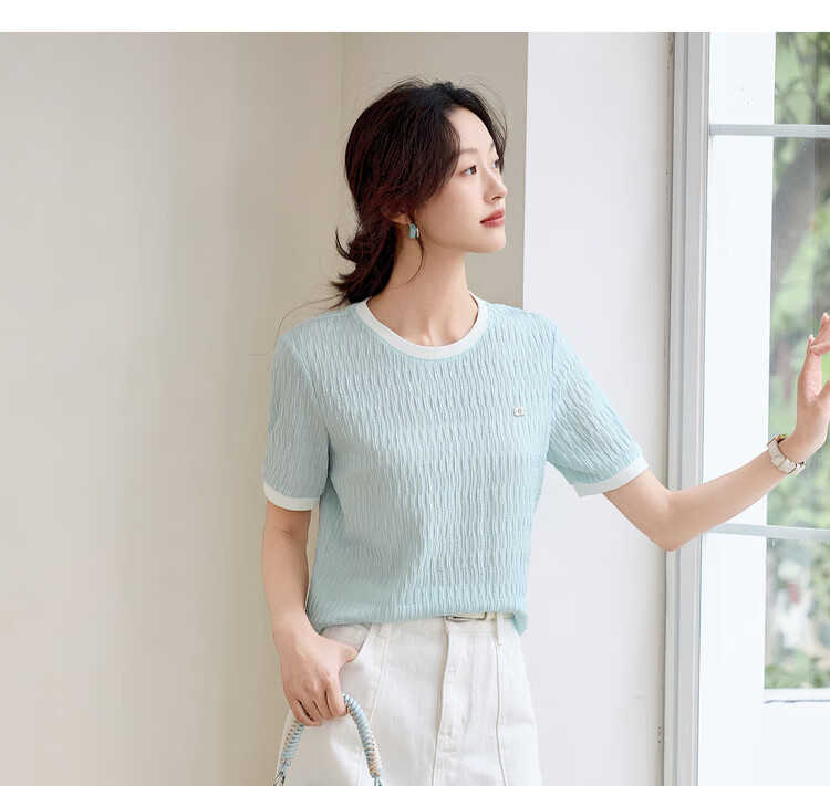 Sentubila Round Neck Short Sleeve Regular Shoulder T-Shirt for Women, Summer Contrasting Color Spliced Knit Top, Elegant Versatile High-End Blouse 3