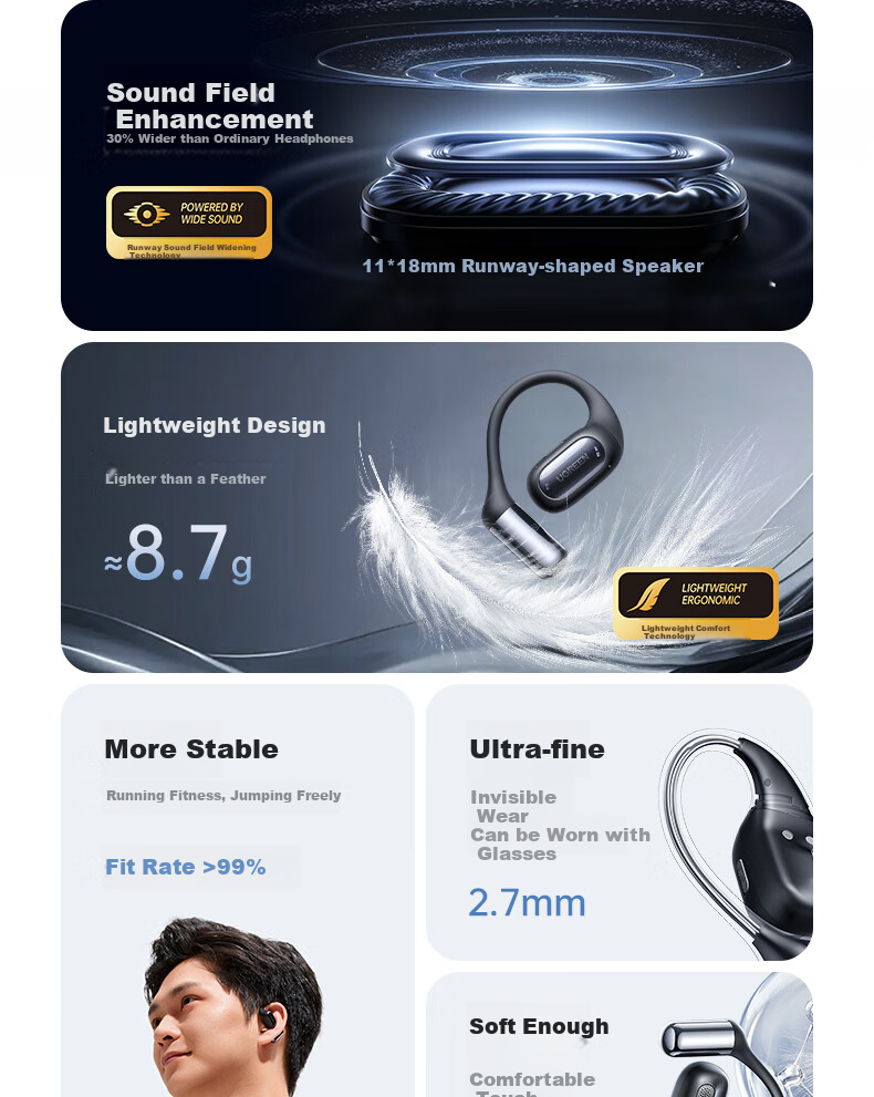 UGREEN HiTune S7 Air [Major Upgrade] Bluetooth Earphones, In-Ear Bone Conduction Open-Style Sports Running Translation Headphones, Compatible with Apple Huawei Xiaomi Black 4
