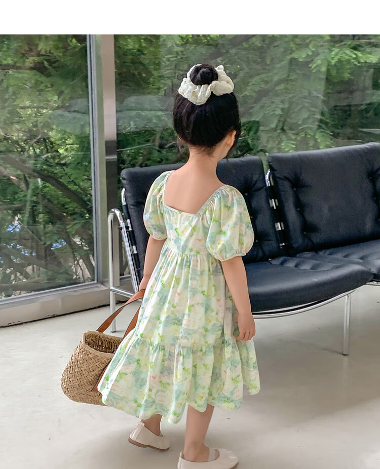 Tutuxiaoxiang Girls' Dress, 100% Cotton, Children's Puff Sleeve Floral Princess Dress, Green, Size 110, Height Approximately 110cm 11