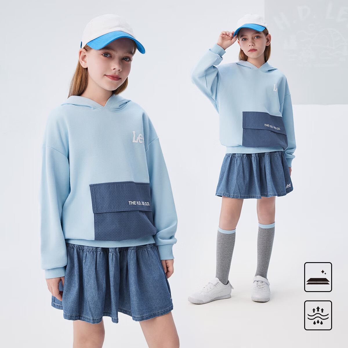 Lee Kids Children's Clothing, Color Block Faux Denim Print Retro Fashion Hoodie, Sky Blue, Size 140