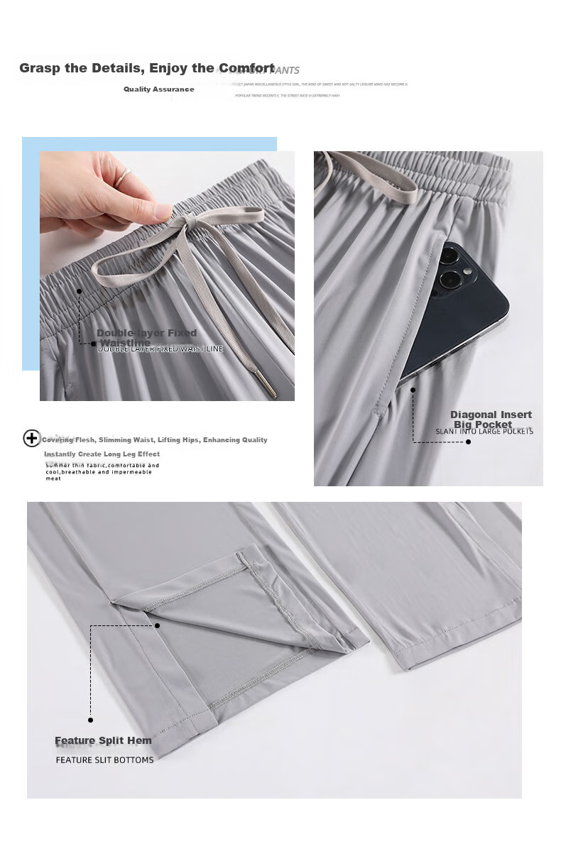 LangSha Ice Silk Wide-Leg Pants for Women, Summer Lightweight High-Waist Draping Loose Casual Straight-Leg Slimming Side-Slit Sports Sun Protection Women's Trousers 15