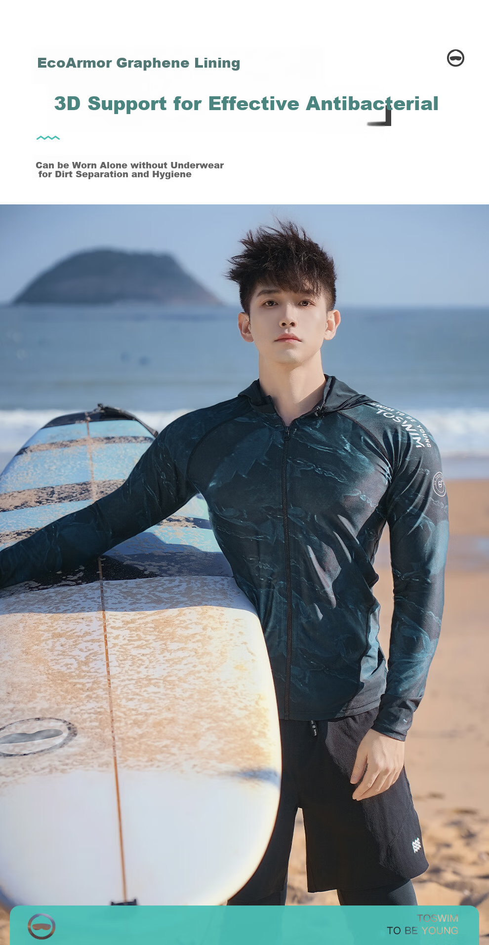 TOSWIM Men's Swimwear Surfing Suit Long Sleeve Sun Protection Quick-Dry Hooded Single Top, Glossy Water Film M 8