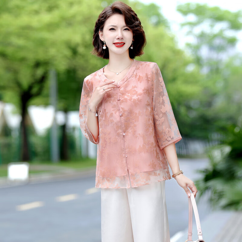 Hodo Middle-aged Elegant Mom Summer Chiffon Shirt Middle-aged and Elderly Women's Summer Cool Short Sleeve Two-piece Set Top