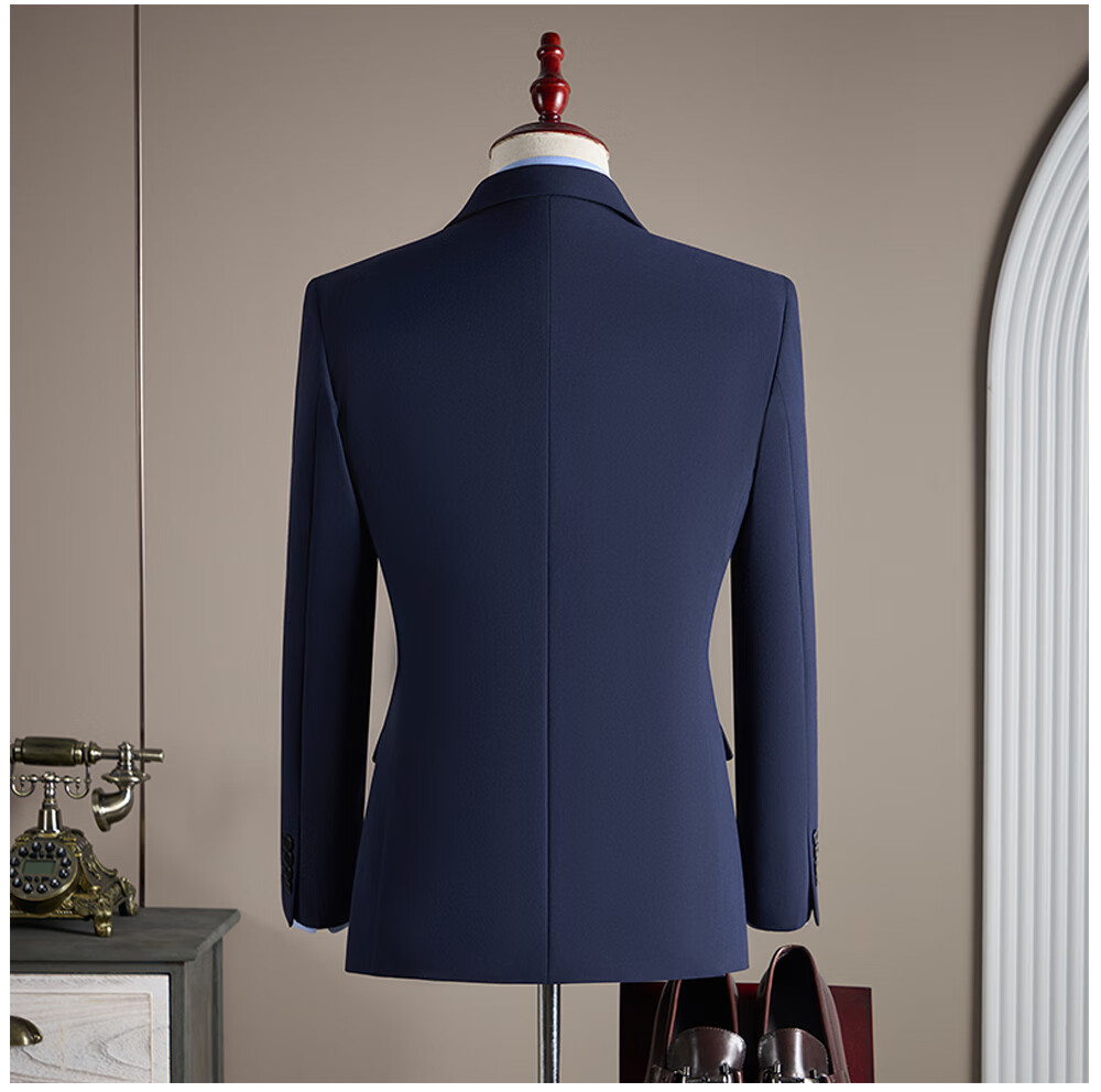 ROMON Men's Business Suit Set Blazer + Vest + Trousers Double-Breasted Casual Navy Blue 3XL 16