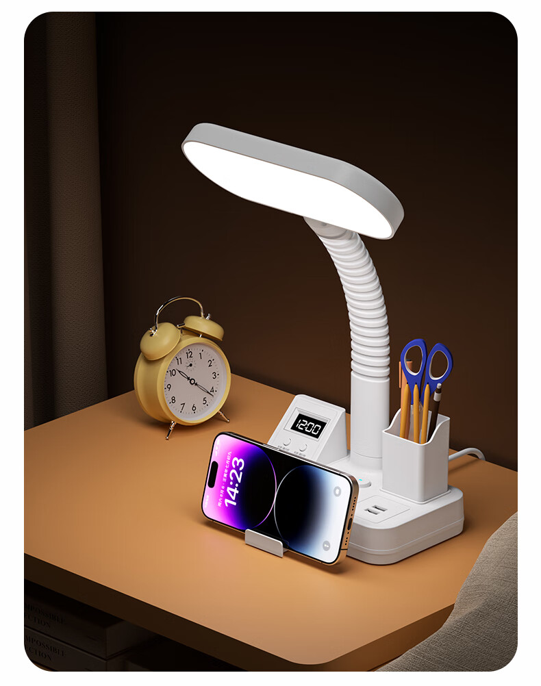 Sushiermo Pen Holder 3-in-1 LED Desk Lamp + Power Outlet + Digital Clock Student Desk Lamp 3-Socket 1.8m Cord Suitable for Dormitory Study Room Bedroom 26