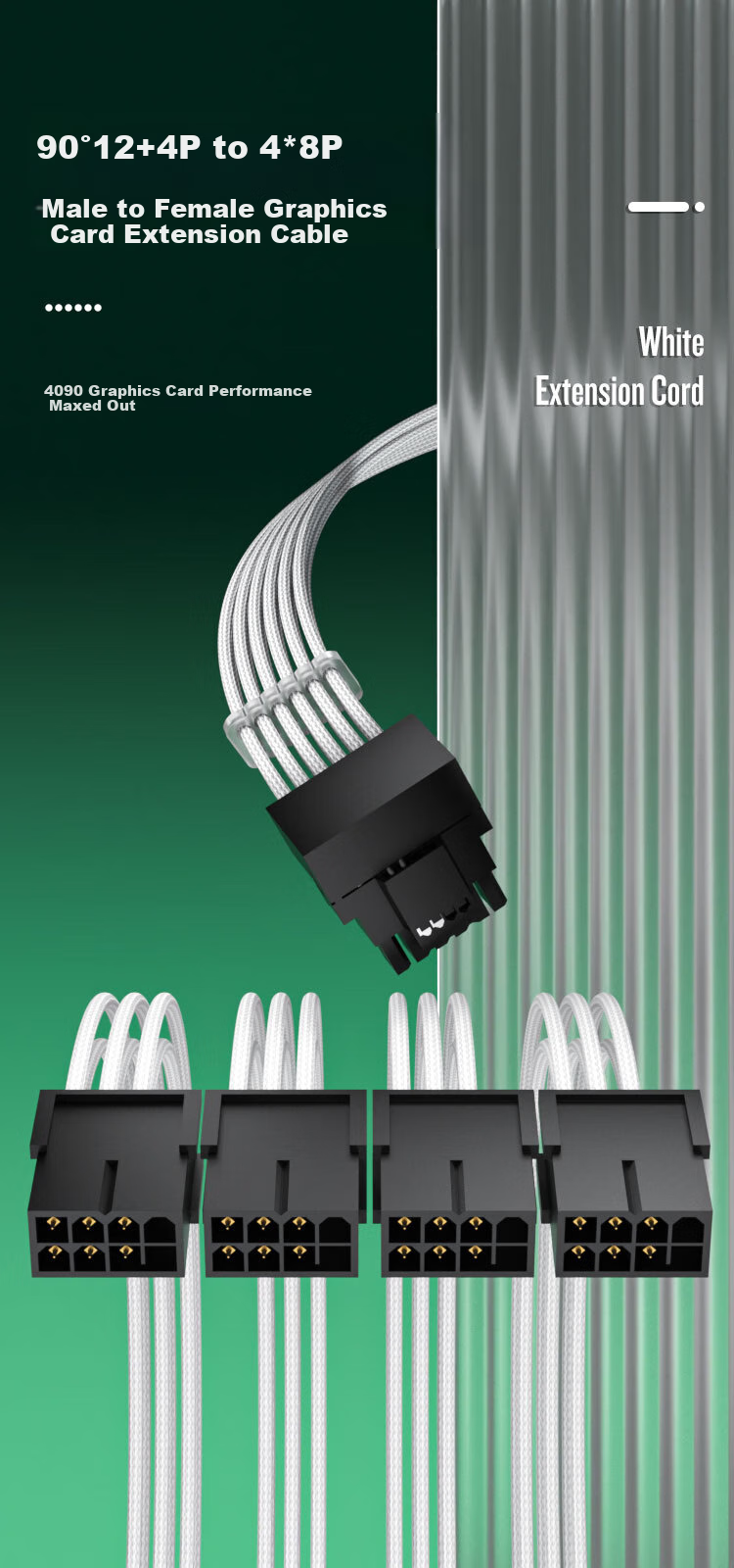 KELEPU 12VHPWR Graphics Card Power Extension Cable, 4X8pin to 16pin (12+4P), 90-Degree Elbow, 36cm, Supports 4090 Series [12+4P to 4*8P] 3