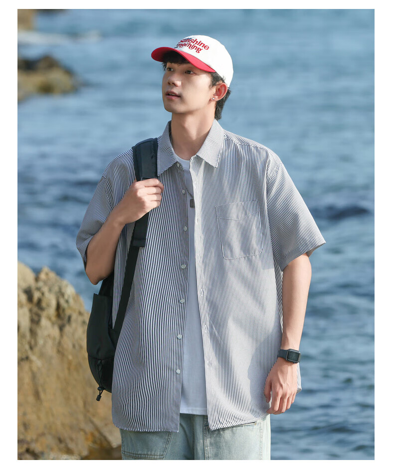 SWAMP AREA Japanese-Style Short-Sleeve Shirt for Men, Summer Trendy Versatile Loose Striped Workwear Shirt Jacket CS2512 Blue XL 7
