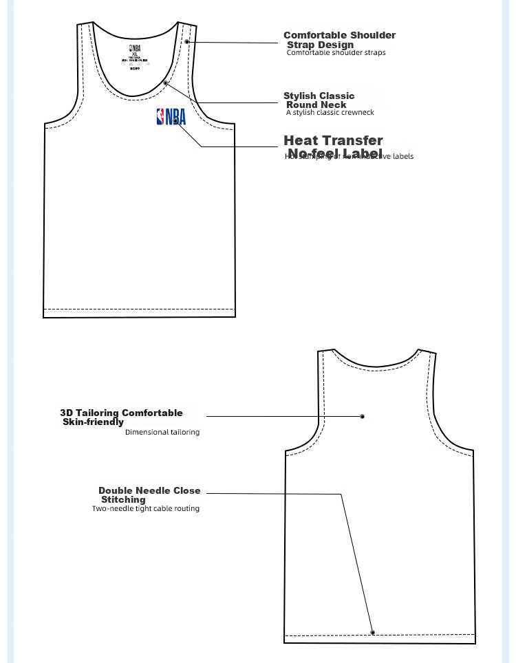 NBA Men's Cotton Sleeveless Vest Slim Fit Stretch Comfortable Basketball Sports Base Layer 2-Pack 6