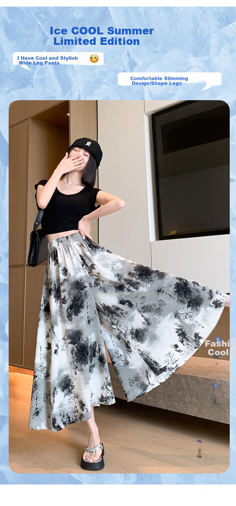 Langsha New Chinese Style Chiffon Skirt Pants for Women, Summer Lightweight New High-Waist Ink Painting Chinese Style Wide-Leg Trousers 3