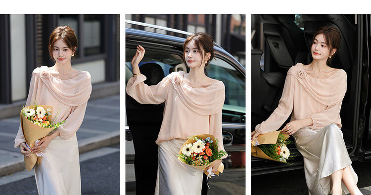 Mt Gentle Impression Spring Elegant Off-Shoulder Floral Decor Lightweight Shirt Women's Top 6