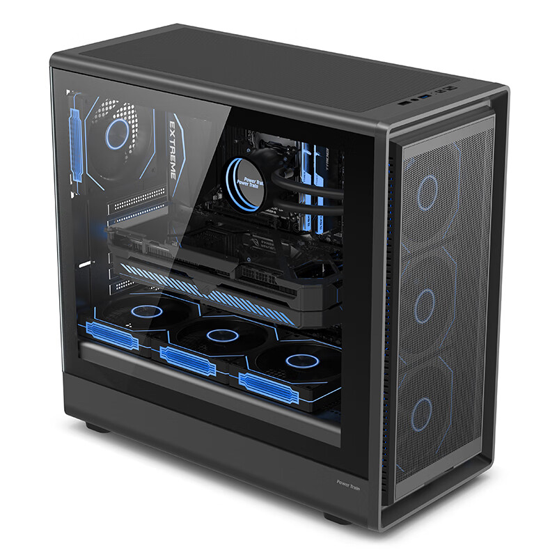 PowerTrain Zhenjie G2 Black ATX Case with Vertical Glass Side Panel, Mesh Ventilation, Desktop Computer 360 Water Cooling Chassis, Graphics Card Length Limit 420MM