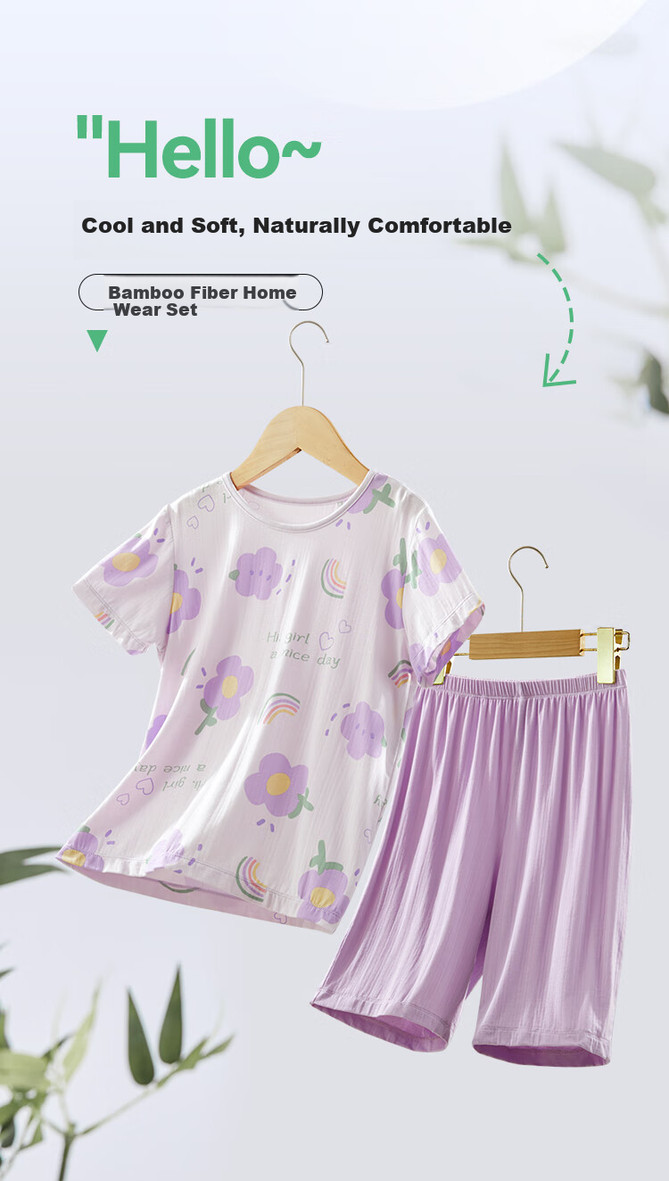 DEESHA [7A Antibacterial Bamboo Fiber Series] Girls' Summer Short-Sleeve Shorts, Big Kids' Loungewear, Skin-Friendly Pajamas 1