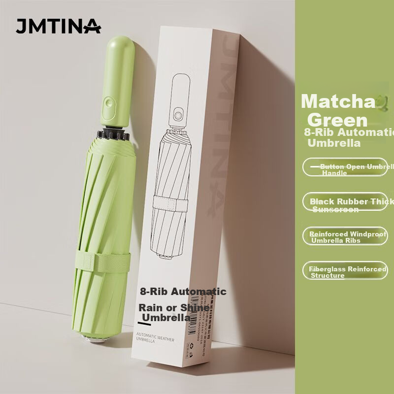 JMTINA Fully Automatic Umbrella, Black Rubber Reinforced Folding Umbrella, Suitable for Both Sunny And Rainy Days, Lightweight And Durable for Students, Sun Protection, 8 Ribs, Green Color