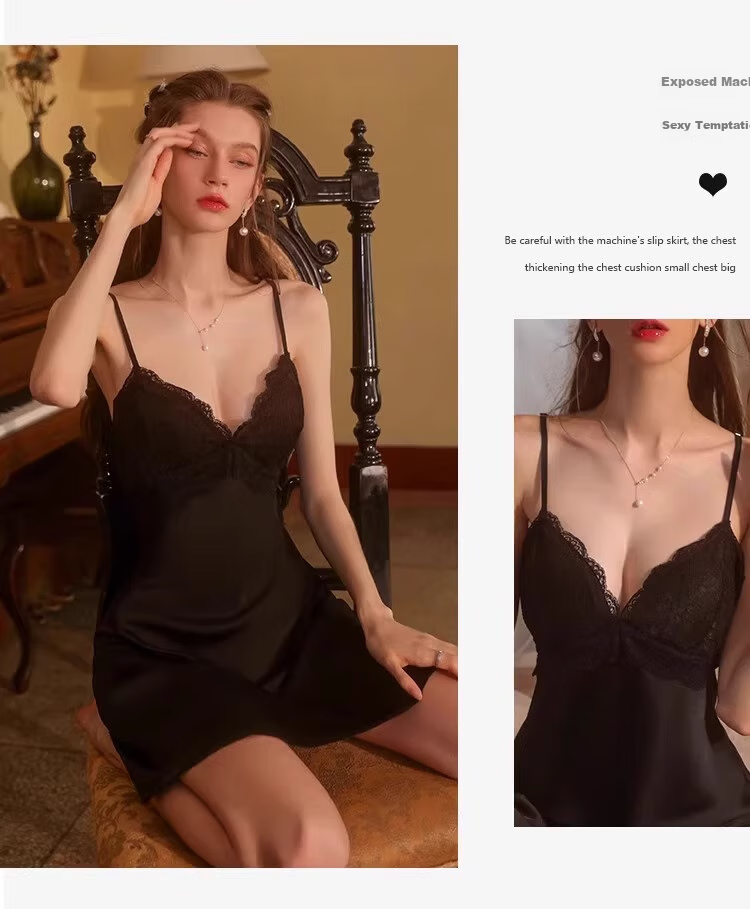 LangSha Women's Sleepwear, Sexy Ice Silk High-End Pure Desire Nightgown with Built-In Bra Pads, Lace Backless Camisole Nightdress for Spring And Summer, Loungewear 11