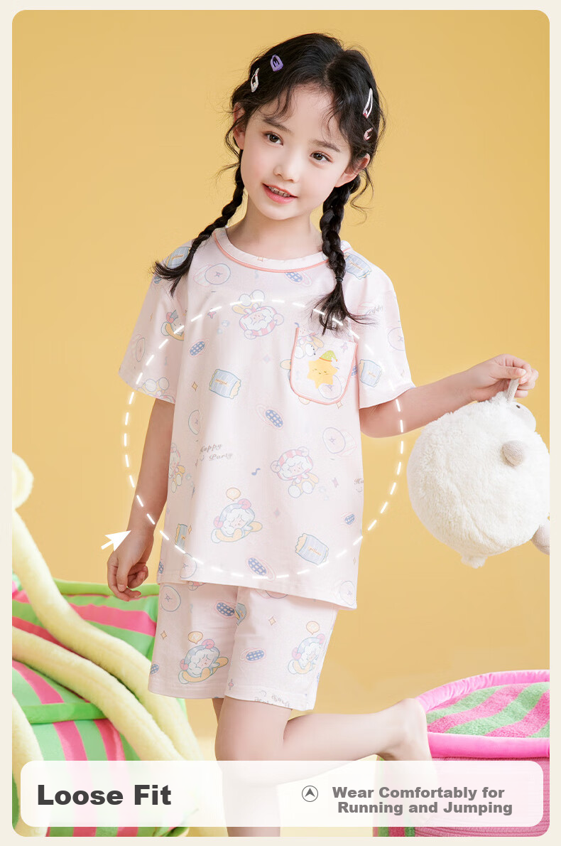 Fenteng Kids Pajamas Girls 100% Cotton Summer Round Neck Loose Cartoon Short Sleeve Shorts Homewear 7