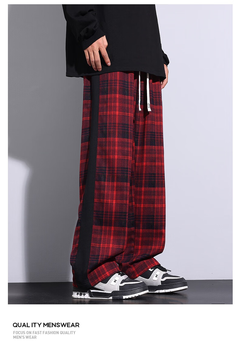 IZEXX Men's Plaid Pants, Summer American Straight Wide-Leg Loose Versatile Casual Pants, Sporty Retro Style ZL27 Gray L 12