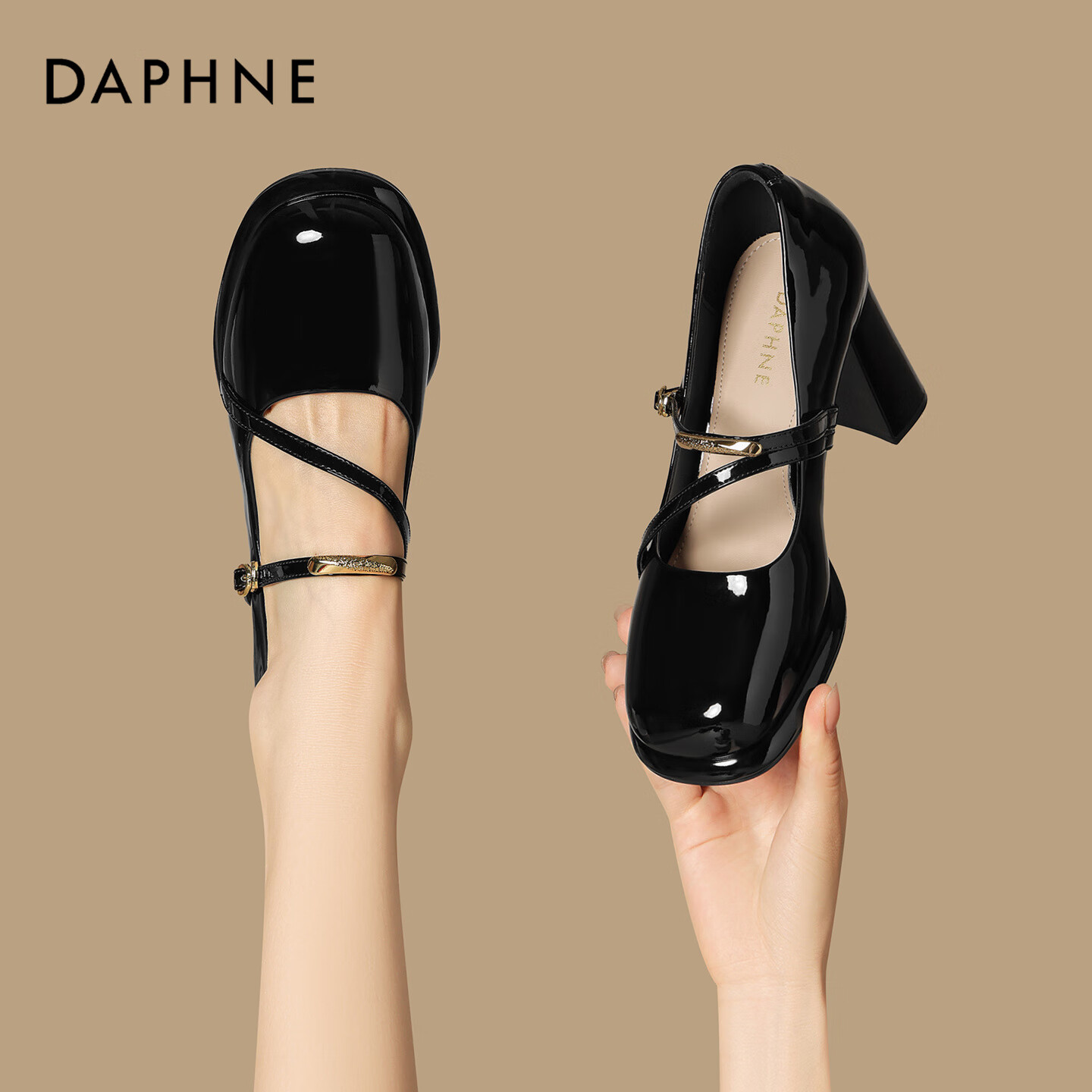 Daphne Women's Chunky Heel Mary Jane Shoes Autumn Patent Leather High Heels Low-Cut Single Shoes 4025404014 Black Size 36