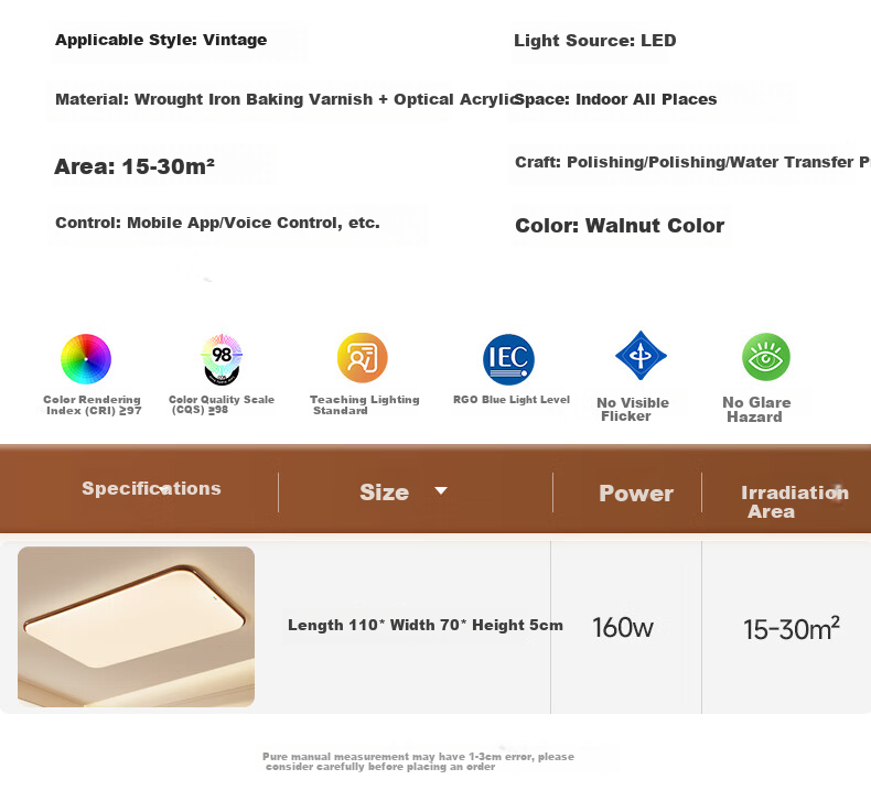 Huashuozhaoming American Walnut Eye Protection Light, Vintage French Style Bedroom Ceiling Lamp, Modern Minimalist Round Smart Lighting 20