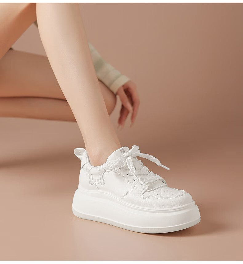 BOERDIQI Top-Grain Leather Versatile White Sneakers for Women, Thick-Soled Height-Increasing Casual Sports Shoes, White And Black, Size 36 8
