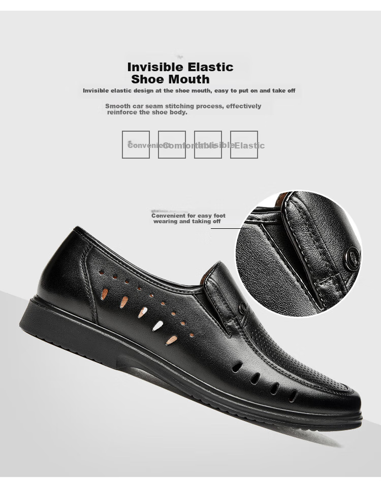 Kangnai Leather Shoes, Perforated Shoes for Men, Summer Sandals, Comfortable Casual Business Formal Dress Shoes, Hollow-Out Shoes, Glossy Breathable Men's Shoes, Black, Size 43 6
