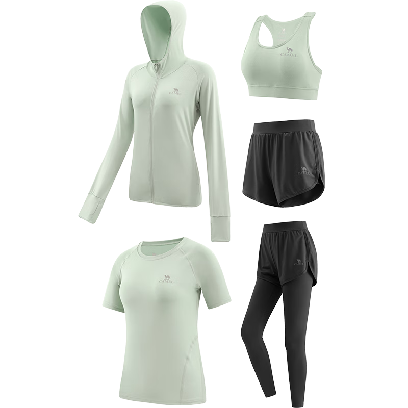CAMEL Women's Sportswear Set, New Yoga Fitness Pilates Elastic Short-Sleeve Shorts And Pants Five-Piece Workout Outfit