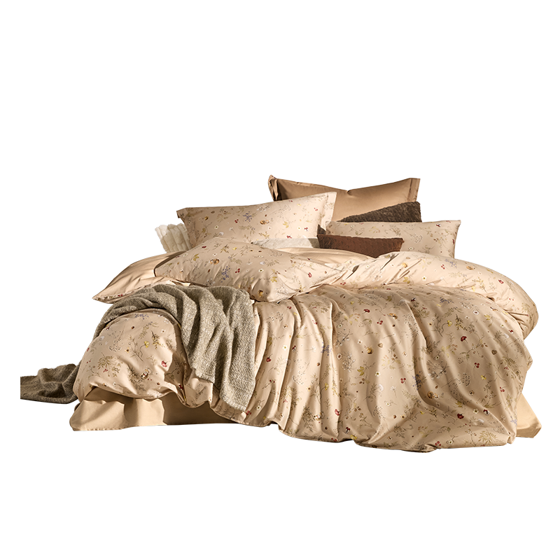 LUOLAI Home Textiles, Pure Cotton Bedding Set of Four Pieces, All-Cotton Duvet Cover, Bedsheet, Quilt, Bedding, Light Brown, 220*250