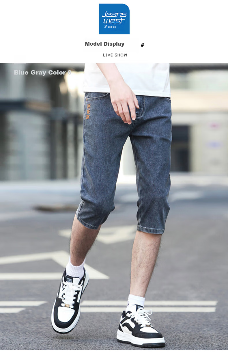 Jeanswest Men's 2026 Summer Lightweight Denim Shorts Fashion Casual Versatile Straight-Leg Cropped Pants Blue Gray 38 6