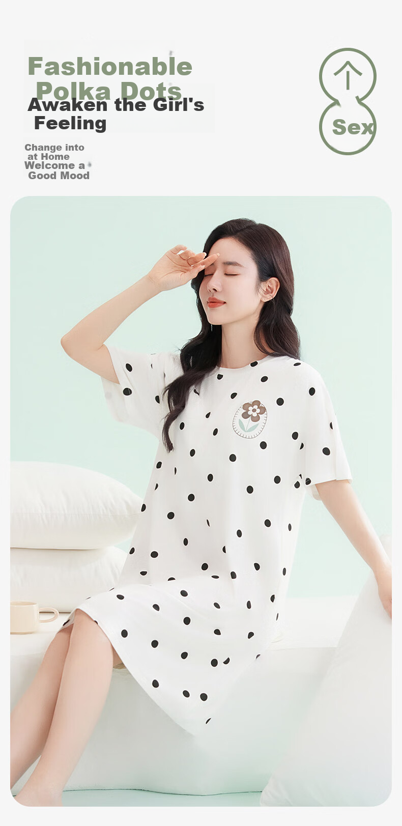 FENTENGCARE Women's Nightgown with Built-In Bra Pads, Round Neck Short Sleeve Short Skirt Polka Dot Breathable Dress Loungewear Gift for Girls 9