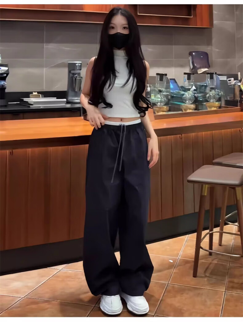 Langsha Women's American Style Work Pants Summer 2026 New High Waist Drawstring Colorblock Quick-Dry Sports Loose Casual Curved Cut Pants 12