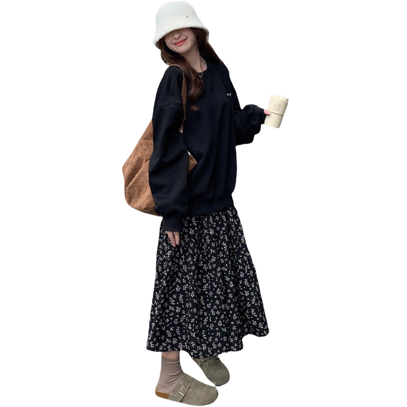 LangSha French Style Black Floral Print High-Waist A-Line Midi Skirt for Women Autumn 2025 New Slimming Hip-Covering Versatile Skirt