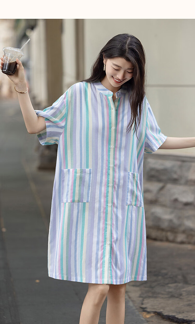 Dme [Healing Class Style] Summer Short Stand-Collar Cotton Lyocell Blend Short-Sleeve Loose Waist Mid-Length Women's Dress 14