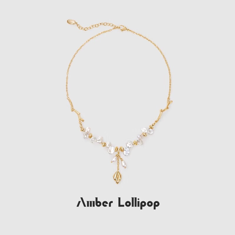 Amber Lollipop Baroque Pearl Necklace for Women, Niche Choker, Practical Birthday And Mother's Day Gift for Mom Or Wife