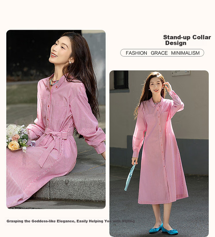 Dme Simple Style Stand Collar Comfortable Cotton Straight Loose-Fitting Dress Shirt-Style Dress for Women, Pink, S 5