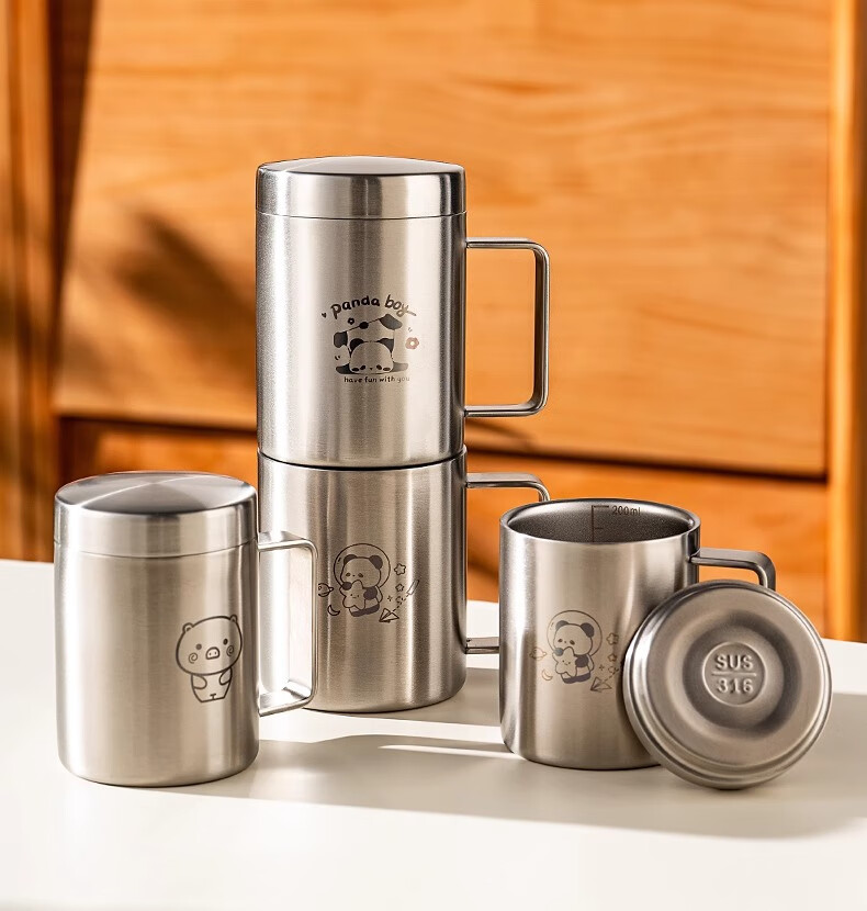 Onlycook 316 Stainless Steel Cup Water Cup Children's Baby Sippy Cup Milk Cup Breakfast Cup No Lid Panda 300ml 10
