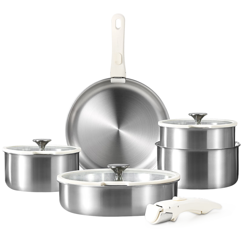 Carote Stainless Steel Detachable Handle Pan Cookware Frying Boiling Stir-fry Non-stick Coating-free Kitchen Pot Set of 3