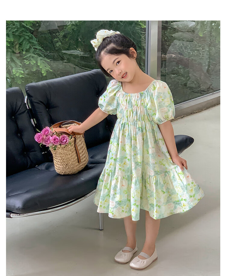 Tutuxiaoxiang Girls' Dress, 100% Cotton, Children's Puff Sleeve Floral Princess Dress, Green, Size 110, Height Approximately 110cm 14