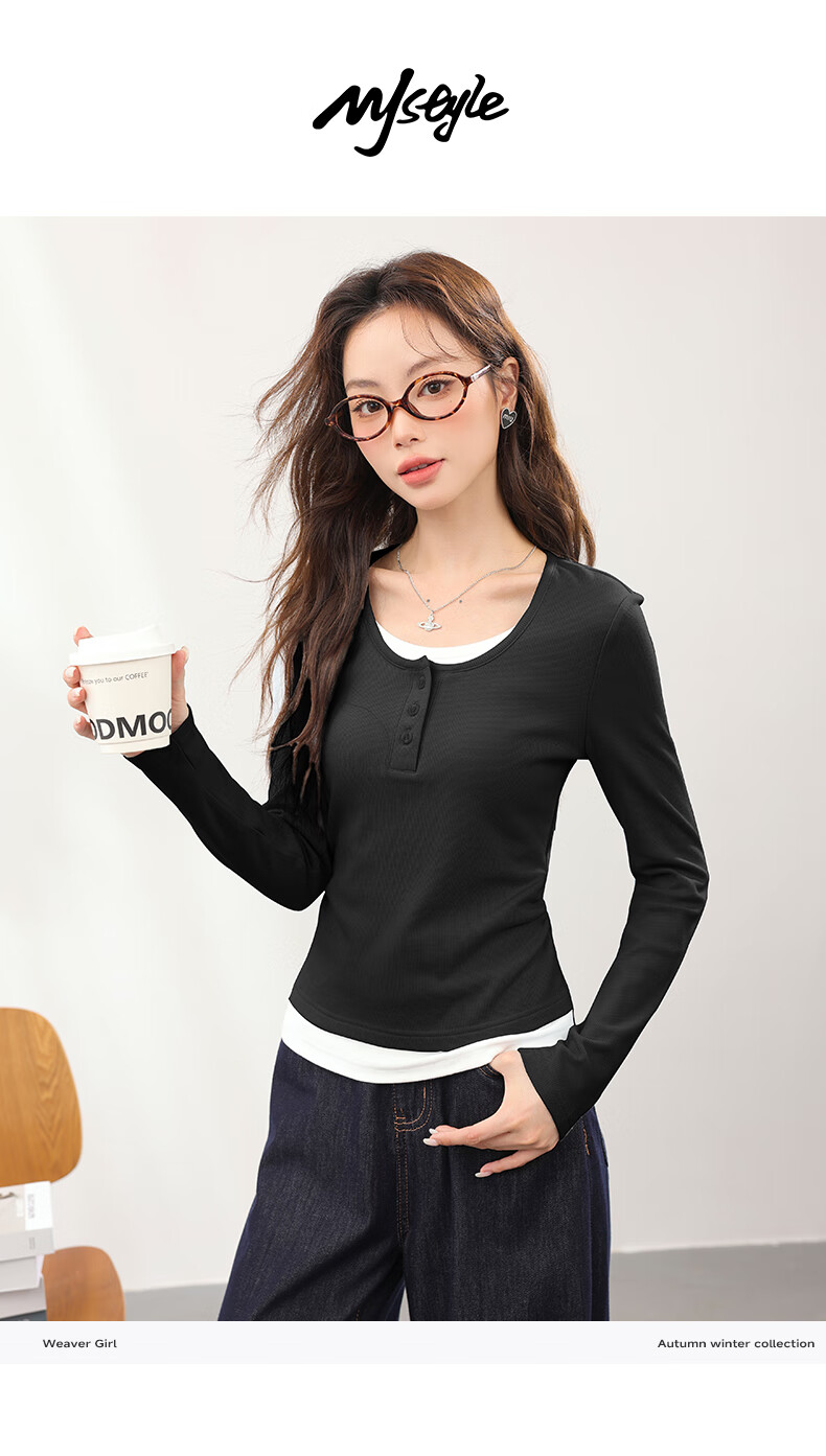 MJ STYLE Colorblock Layered Look Long Sleeve T-Shirt Women 2026 Spring Autumn New Korean Slim Fit Shoulder Base Shirt 1