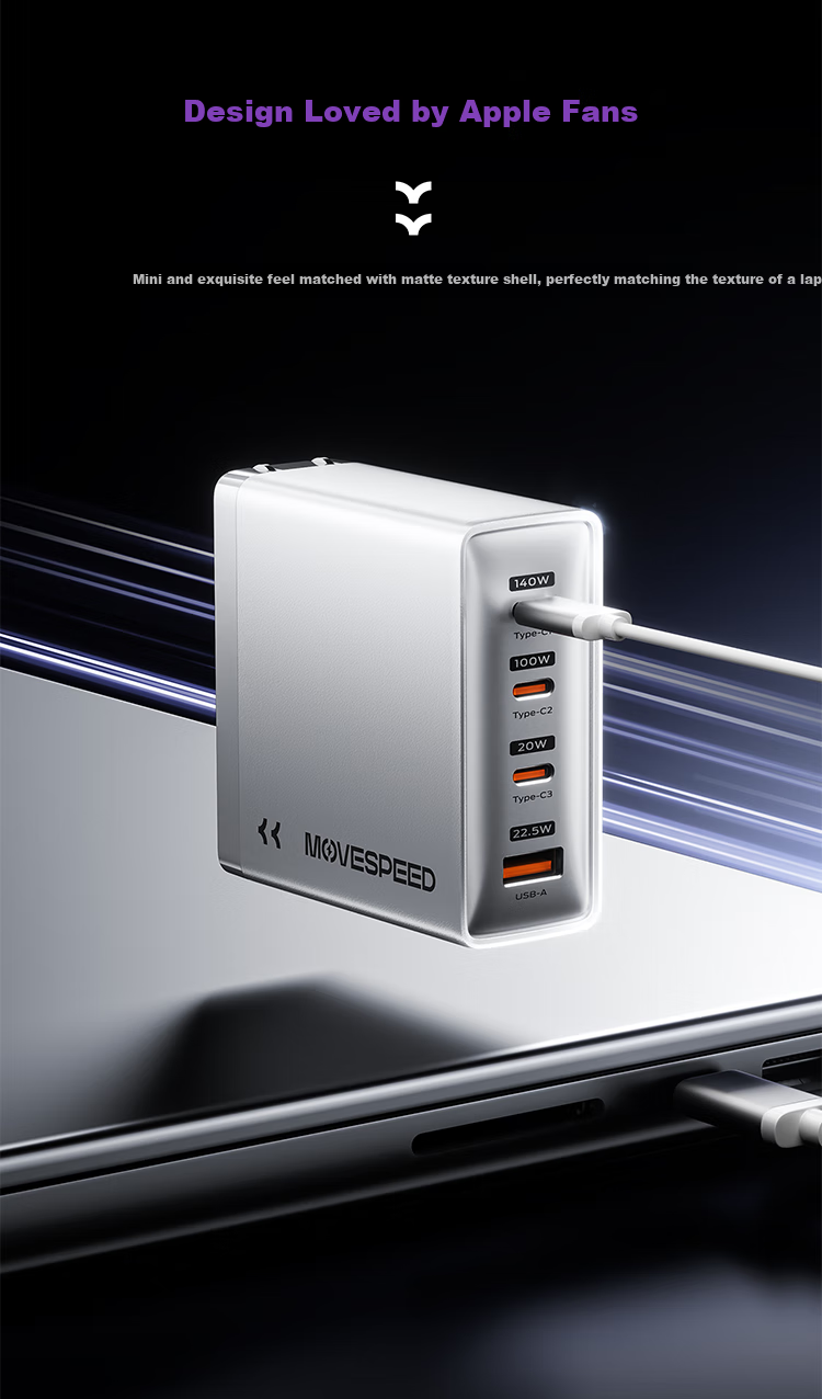 MOVE SPEED [3C Certified] 140W Four-Port Fast Charging GaN Charger, Type-C Mini Portable Laptop Adapter, PD3.1 Compatible with Apple And Android Phones 14